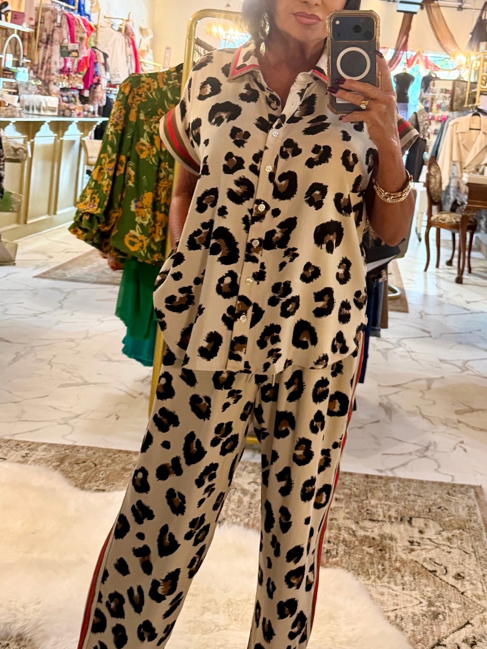 JODIFL Cream and Black Leopard-Print Two-Piece Pantsuit with Side Stripe